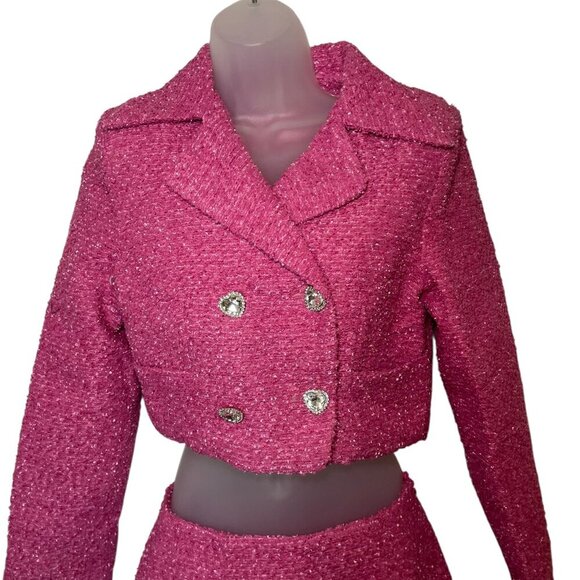 La Biz Pink Tweed Blazer and Skirt Set Medium Heart Button Mini Suit - Picture 7 of 9
